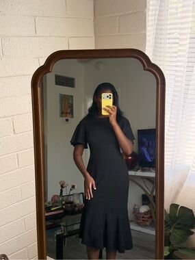 Calvin Klein Black Flutter-Sleeve Midi Dress with Flared Hem